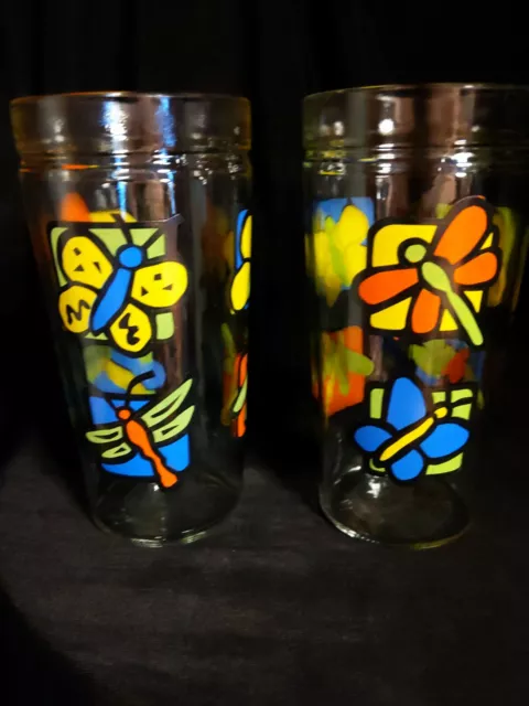 2 Anchor Hocking Butterflies and Dragonflies 6" Drinking Glass clear