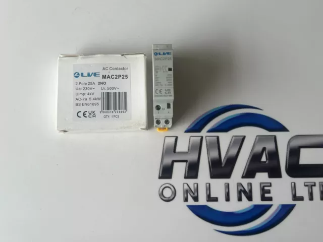 Live Ac contactor 2 Pole 25 AMP 2 (NO) Normal Open DIN Rail 230 VAC MAC2P25