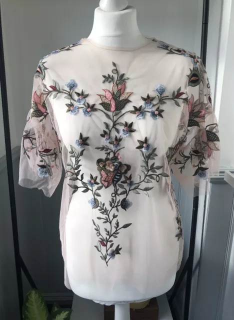 Zara Sheer Floral Embroidered Top Blouse With Short Flutter Sleeves Size Small