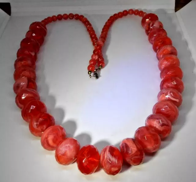 Vintage Chunky Necklace Red Marble Swirl Faceted Beads Lucite/Acrylic Plastic