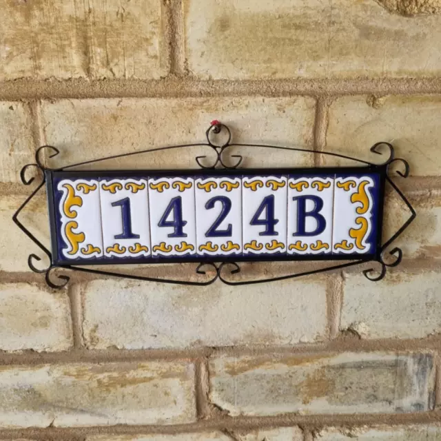 7.5 x 3.7cm Hand-painted M-05 Ceramic Blue & Orange Number Tiles & Metal Frames 2