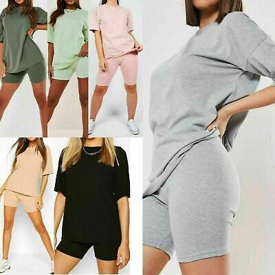 Ladies Oversized T-Shirt Top Cycling Shorts 2 Piece Co-Ord Casual Tracksuit Set