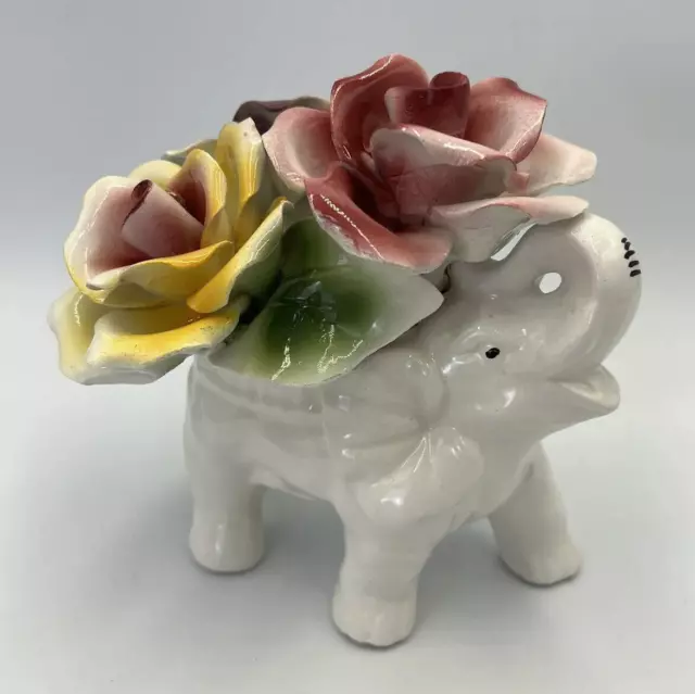 Vintage Capodimonte White Elephant With Roses Marked N Made in Italy READ