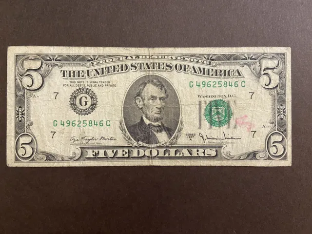 1977 USA 5 Dollar  Federal Reserve Note US Banknote Bill, GREEN Seal,