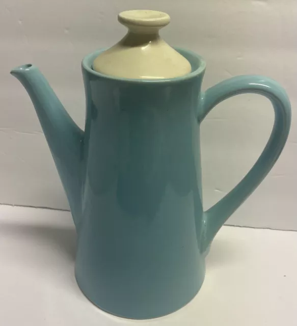 Vintage MCM USA Coffee Pot Teapot Blue w White Lid Pottery