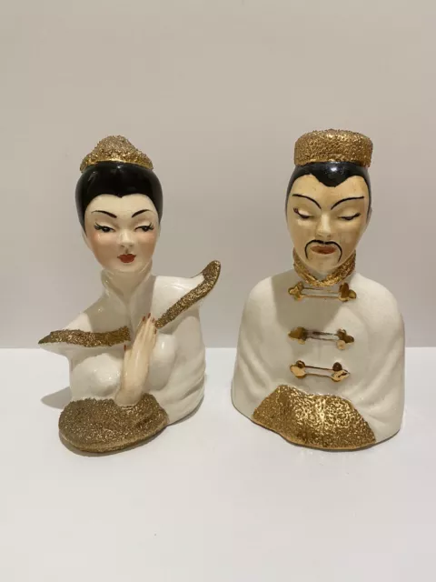 Vintage Pair Oriental/Asian Ceramic Head Bust 7" Figurines in White & Gold