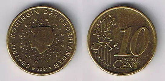 EURO HOLLAND 2001 10ct (60) Zehn-Cent-Münze 0,10€ Niederlande Geldbörsenqualität