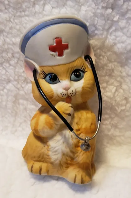 Vintage Bisque Jasco Coin Bank Cat Nurse w/Red Cross Nurse's Cap and Stethoscope