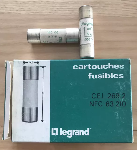 BOITE DE 10 CARTOUCHES FUSIBLE LEGRAND 6A 140 06 TYPE AM 14,3 X 51 Ancien Stock