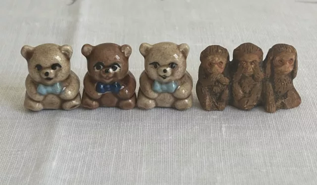 Vintage Miniature Monkey See, Hear, Speak No Evil/Teddy Bears Lot of 4 Figurines