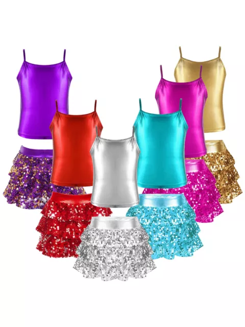 Kids Girls Tank Top And Skirts Camisole Dance Outfit Party Competition Sequins