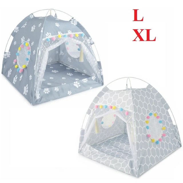 Pet Cat Dog Bed Tent House Canvas Indoor Puppy Sleeping Cave Bed w/ Cushion
