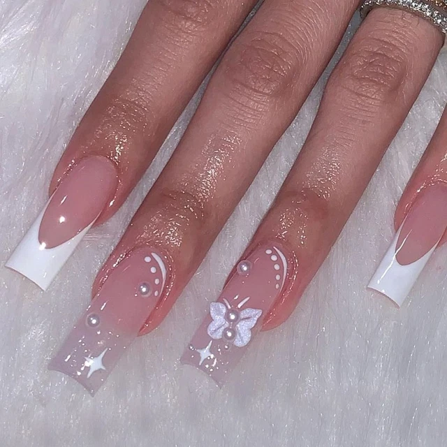 Full Cover Wearable Press on Nails Fake Nails Long French Square Head Butterfly