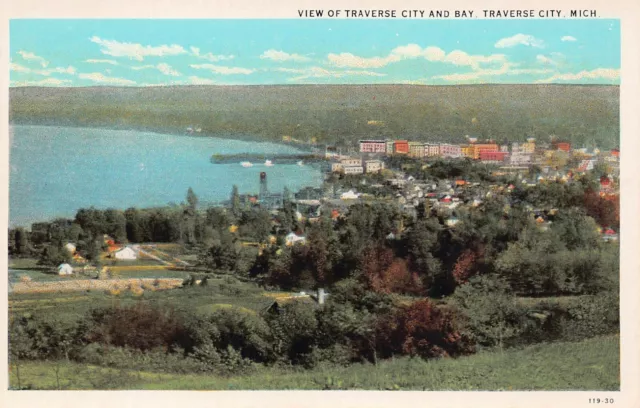 Little Traverse City Bay MI Michigan Downtown Aerial View 1920s Vtg Postcard A2