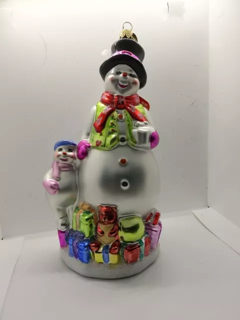 8" Snowman Presents Kid Radko Ceramic Xmas Tree Ornament Mercury-Glass-Style