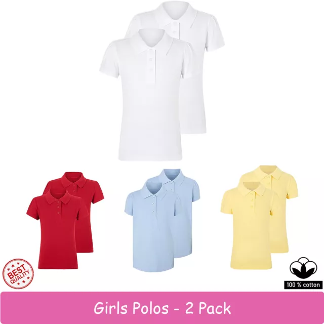 Girls 2 Pack Polo Shirt Age 4 to 16 100% Cotton School Uniform Ex Store