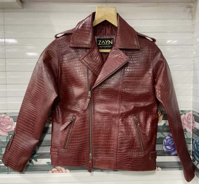 Men's Genuine Leather Crocodile Embossed Print Burgundy Red Moto Biker Jacket