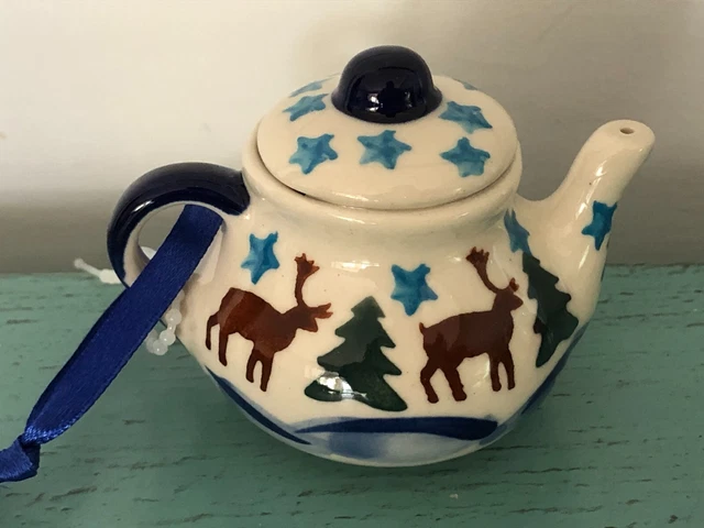 Unikat Polish Pottery Woodland Moose Mini Teapot Christmas Ornament NEW Poland