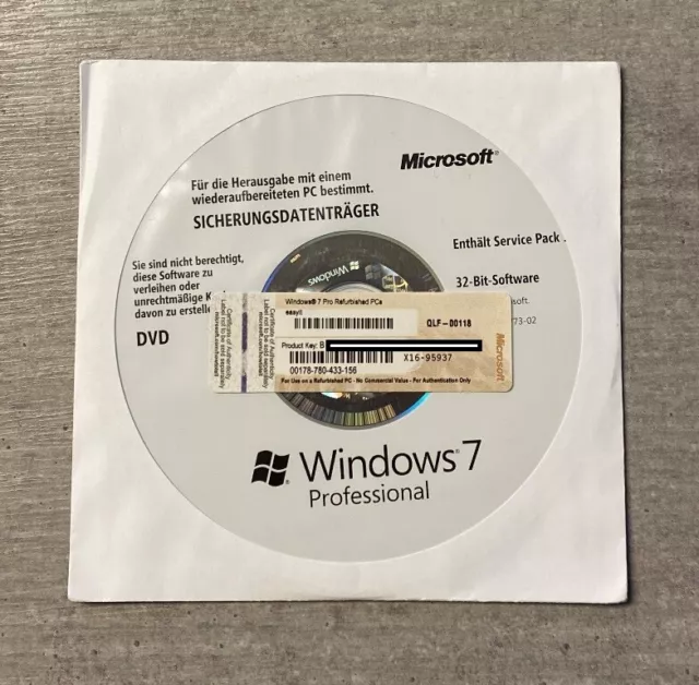 MS Windows 7 Professional deutsch 32 Bit DVD Vollversion mit SP1