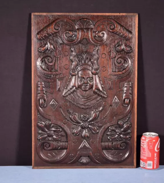 *French Antique Deeply Carved Solid Oak Wood Panel with Figure in the Center