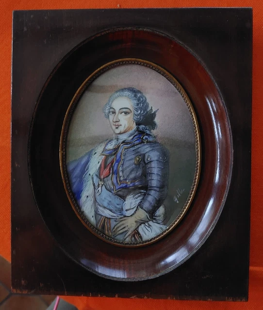 ANCIENNE PEINTURE MINIATURE PORTRAIT DE LOUIS XV signée GILLE