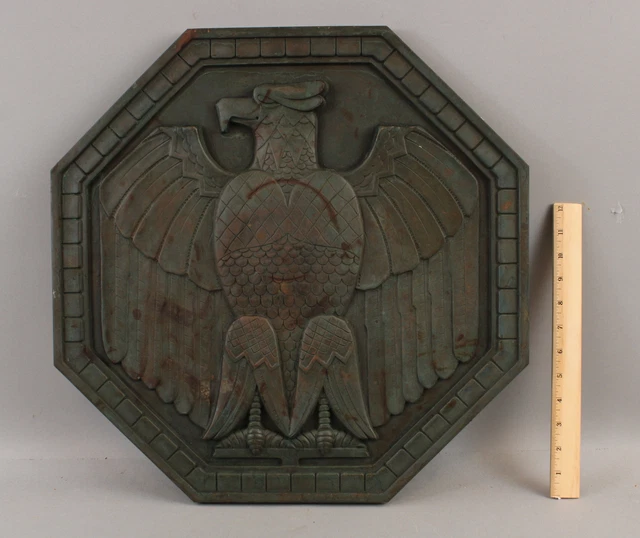 Antique Art Deco Eagle Large Architectural Fragment Octagon Bronze Plaque Sign