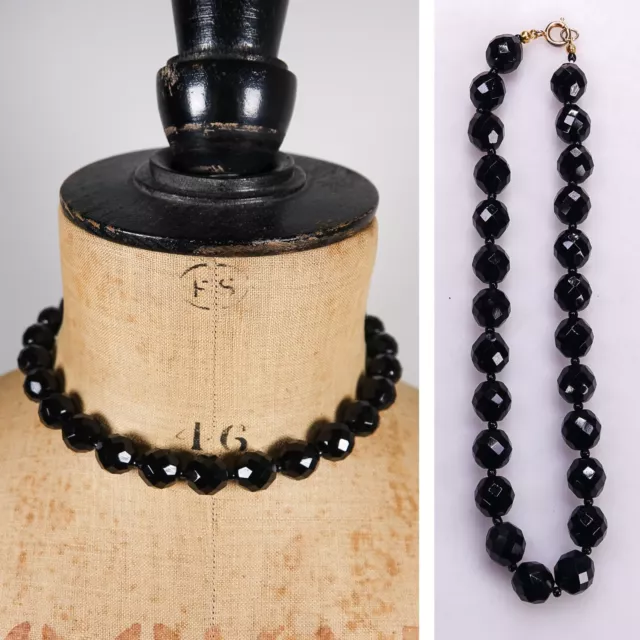 Vtg Black Glass French Jet Choker Necklace Beautiful Beads Gothic Retro 38cm/15"