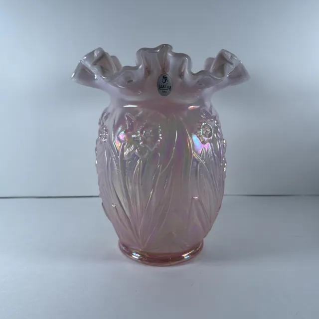 FENTON OPALESCENT PINK CHAMPAGNE SATIN 7.75" TALL GLASS VASE DAFFODILS Crimped