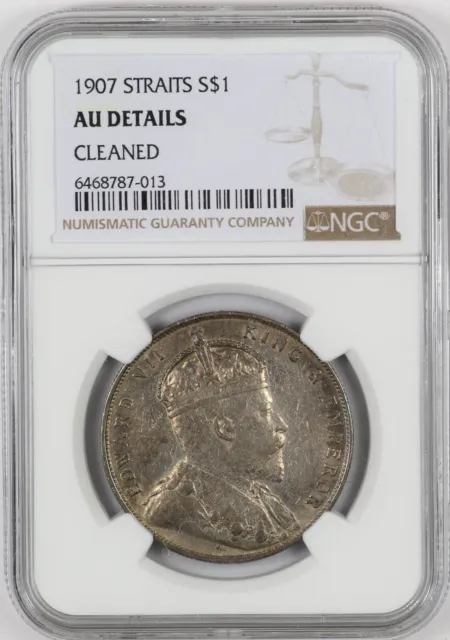 NGC AU Det. 1907 Straits Settlement Edward VII Silver Dollar S$1