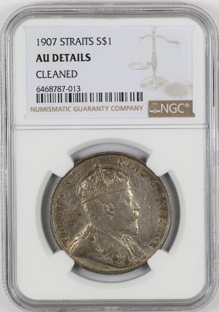 NGC AU Det. 1907 Straits Settlement Edward VII Silver Dollar S$1 NGC AU Det. 1907 Straits Settlement Edward VII Silver Dollar S$1