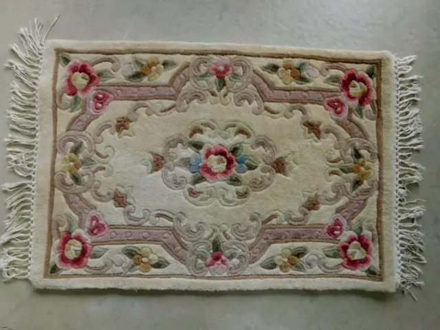 2'x3' AUBUSSON 100% WOOL RUG VINTAGE pastel florals carved sculptured P R CHINA