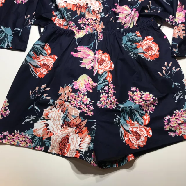 NEW Blue Floral Print Summer Casual Stretch Kimono Sleeve Romper Womens Size XL 2