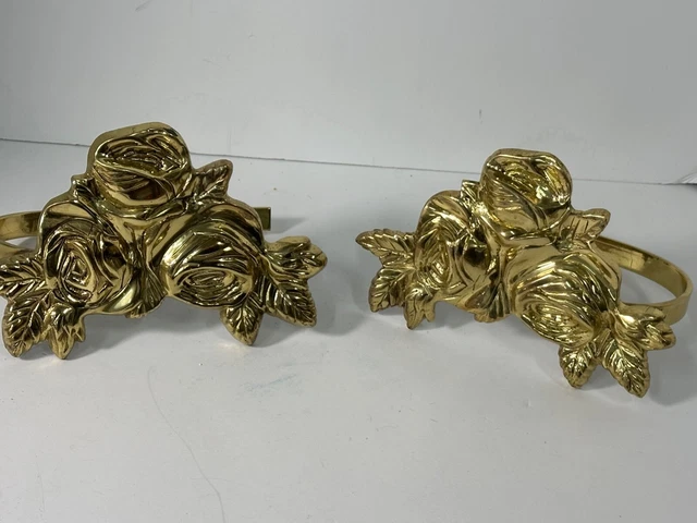 VTG BRASS Curtain Tiebacks 2 Solid Brass Rose Flower Tie Backs Holdbacks Set (1) 2