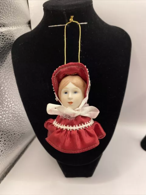 Vtg Russ Berrie Red Bonnet Girl Victorian Blonde Christmas Ornament