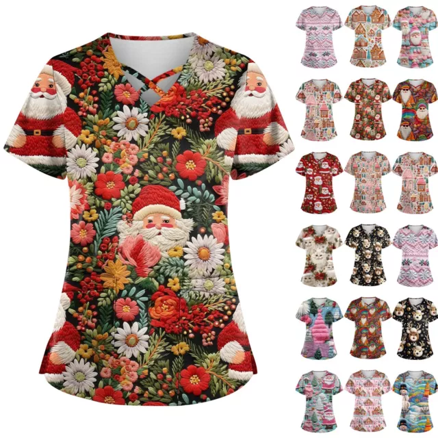 Ladies Merry Christmas Printed Medical Nursing Uniform Scrub T-shirt Blouse Tops