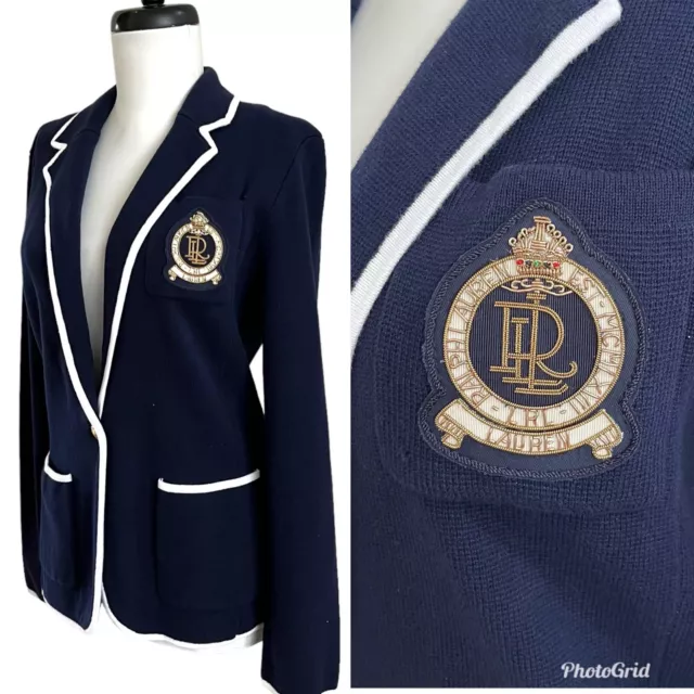 Ralph Lauren Navy Knit Crest Blazer Womens M Single Gold Button Jacket Cotton