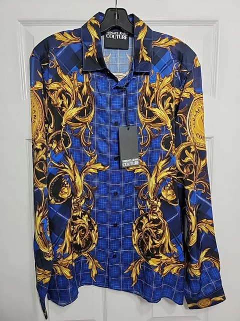 NWT Versace Jeans Couture Mens Baroque Print Button Up Shirt Size Small Viscose