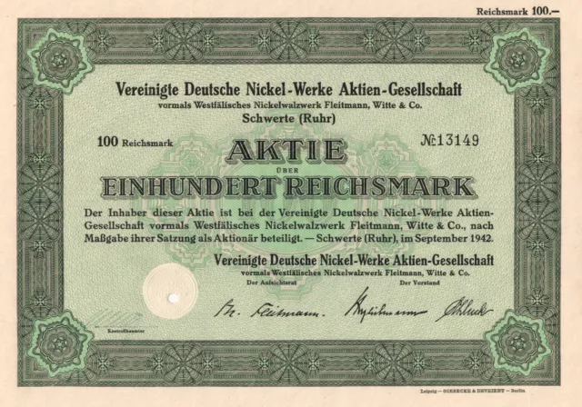 Vereinigte Deutsche Nickel Werke AG - Schwerte / Ruhr - Aktie - 1942 - 100 RM