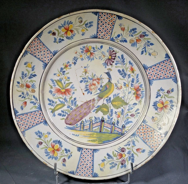 Nord Plat Rond Faïence 18ème Paon Sur Terrasse Fleurie