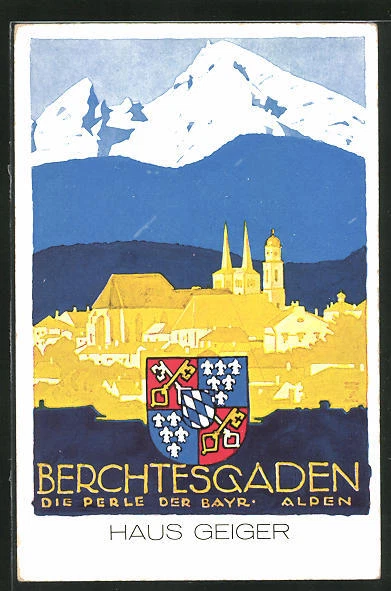Künstler-AK Ludwig Hohlwein: Berchtesgaden, Panorama, Wappen, Haus Geiger
