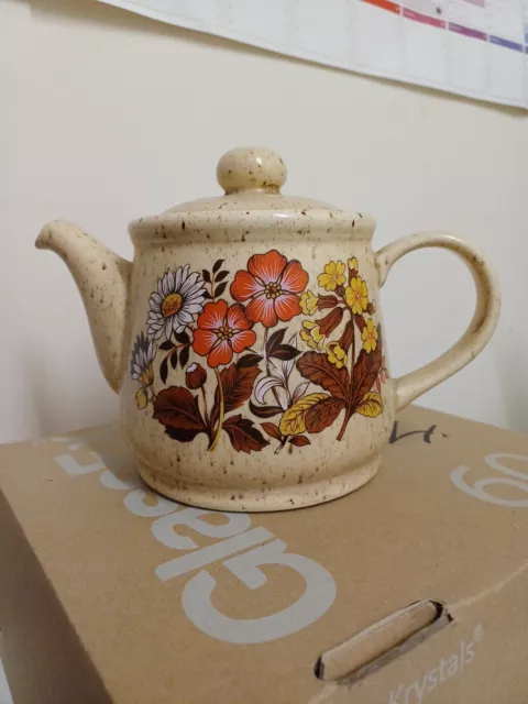 Vtg Sadler Brown Floral Print 70's Style Retro England Stoneware Teapot w/lid