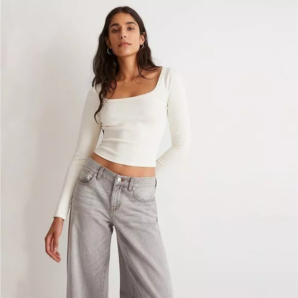 Madewell Square-Neck Long-Sleeve Crop Tee in Sleekhold Lighthouse Size Small NWT