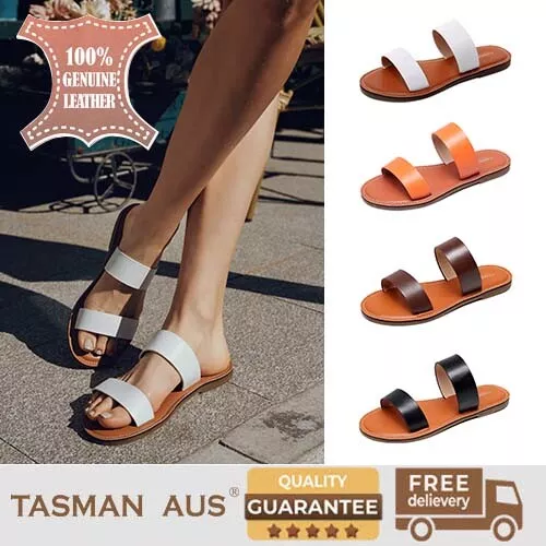 Women Sandals Flat Slippers  Summer Cow Leather Slides Casual Open toe, 990114
