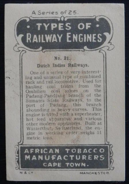 DUTCH INDIES RAILWAYS Types of Railway Engines African Tobacco SCARCE SILK 2