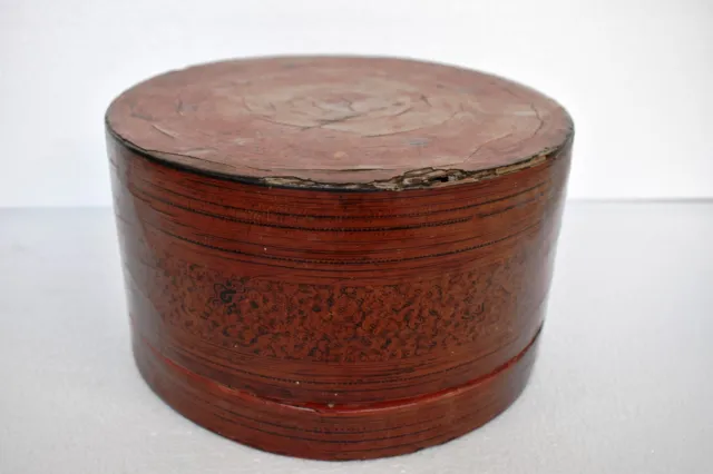 Antique Burmese (Bagan) Red Lacquered Coiled Bamboo Betel Nut Box Hand Painted