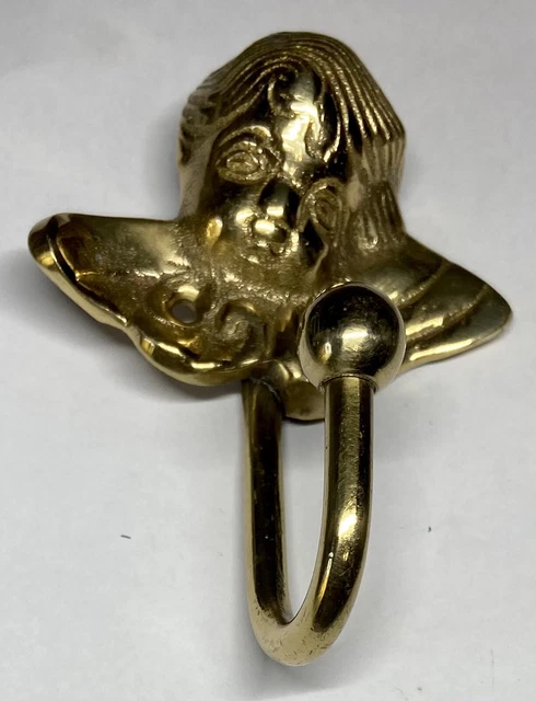 Vintage Solid Brass Angel Cherub Girl Coat Hook Hanger Wall Mount Victorian 4”