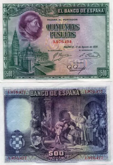 El Banco De Espana 500 Pesetas 1928 XF Spain P77 Rare Banknote Cardenal Cisneros