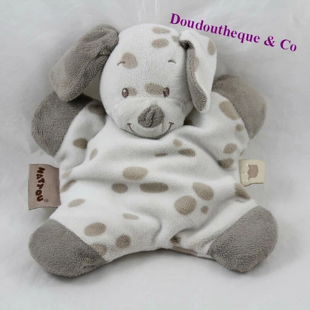 Doudou semi plat chien NATTOU Max, Noa & Tom blanc marron grelot 24 cm (VA)