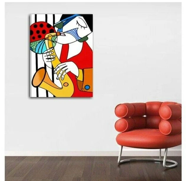 Quadro Musica Jazz Sax 140x80cm - Uomo Che Suona Il Sax - Dipinto A Mano Su Tela - Made In Italy - Pronto Da Appendere - 4