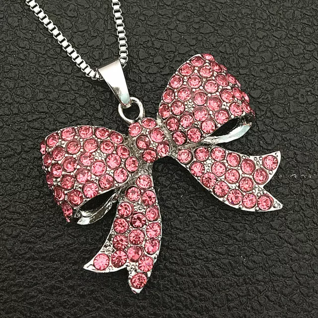 Pink Crystal Rhinestone Bowknot Pendant Betsey Johnson Long Necklace